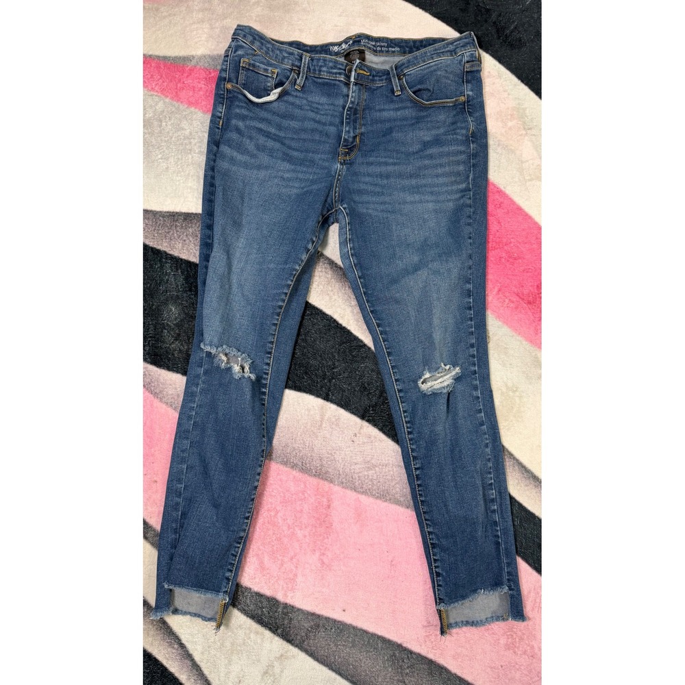 Mossimo Denim Mid-Rise Skinny Jeans Medium Wash Distressed Raw Hem Zippers 14/R